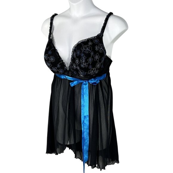 Cacique Other - Cacique Womens 3X Babydoll Teddy Black Blue Floral Embroidered Bow Nightgown